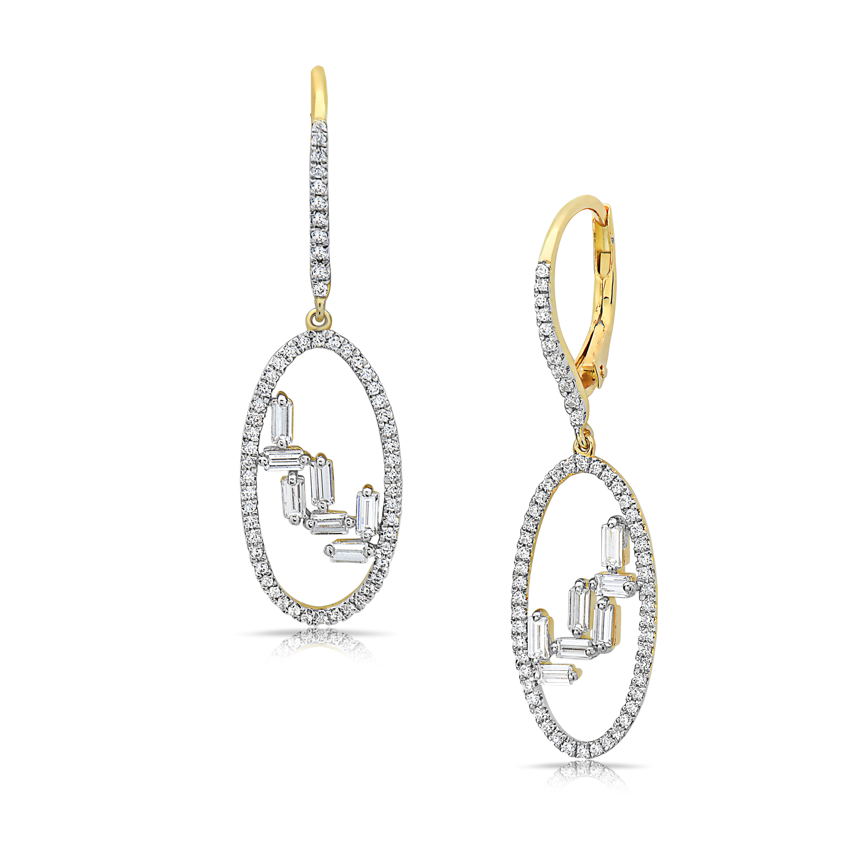 14k gold oval asymmetrical diamond drop earrings